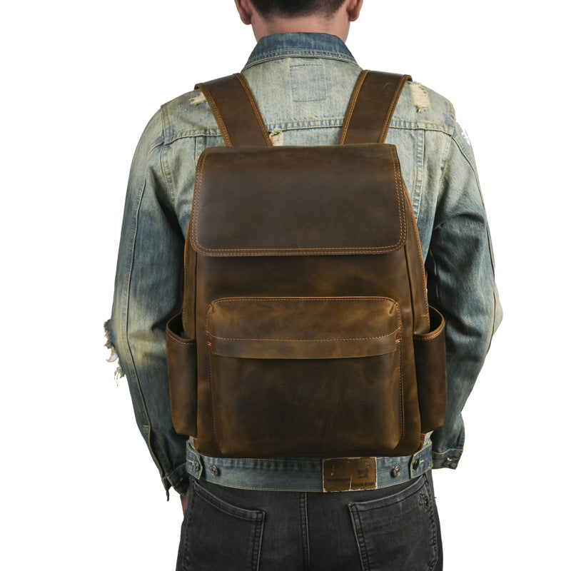Genuine Leather Commuter Backpack for Men – Flip-Top Multi-Pocket Urban Business Bag