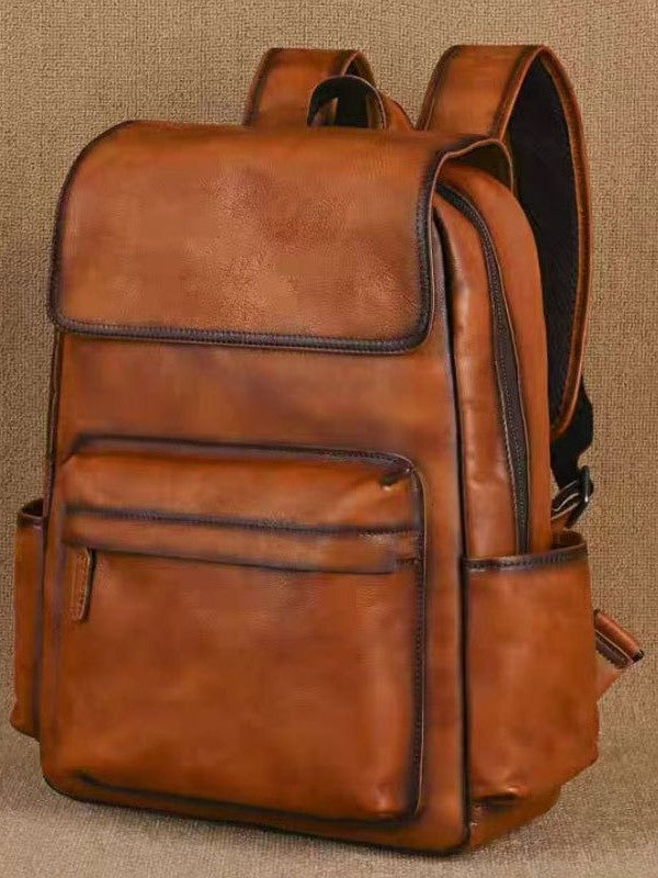 Genuine Leather Commuter Backpack for Men – Flip-Top Multi-Pocket Urban Business Bag