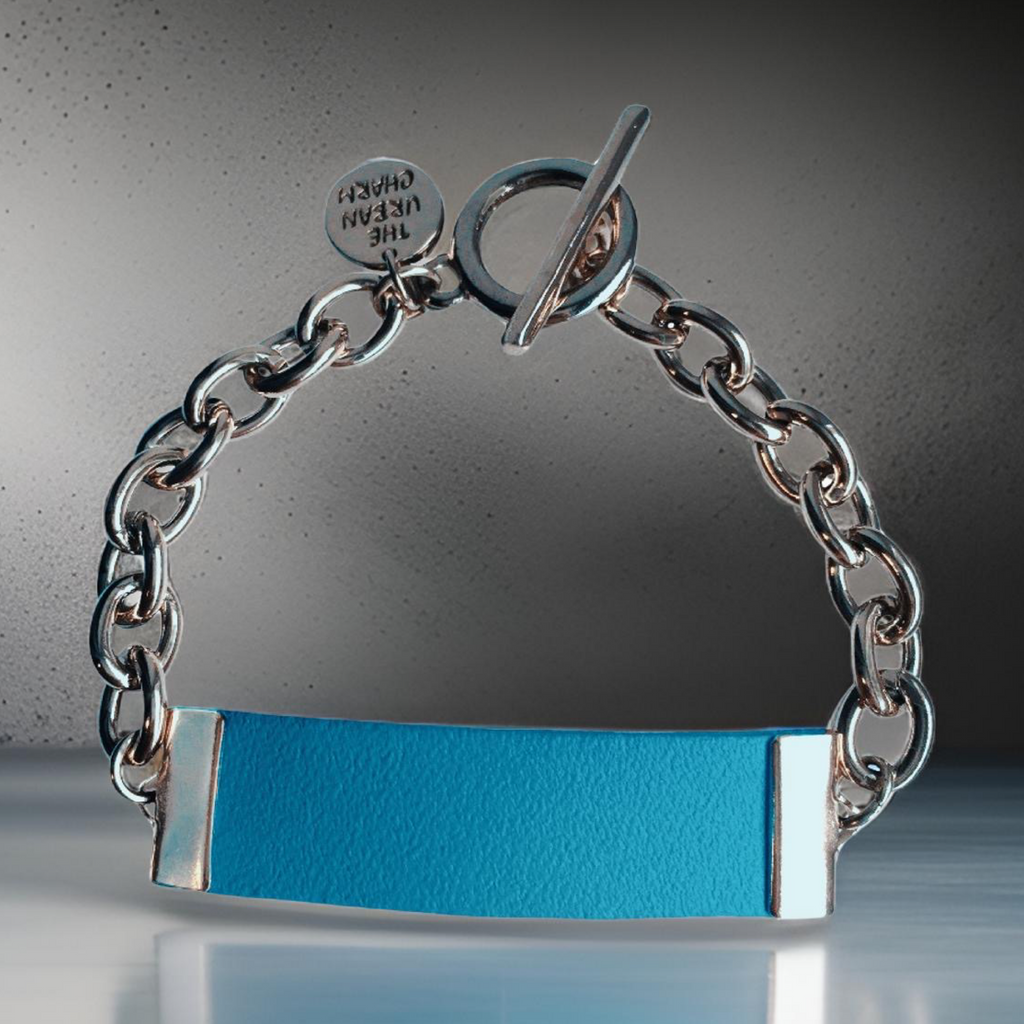 Baby Blue Leather and Chain ID Toggle Bracelet by The Urban Charm