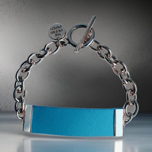 Baby Blue Leather and Chain ID Toggle Bracelet by The Urban Charm